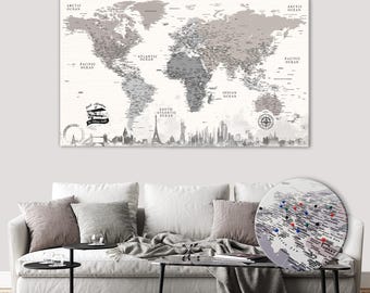 Personalized World Travel Push Pin Map: Detailed Canvas Map Gift