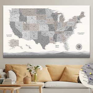 Farmhouse Push Pin USA Map, Custom USA Travel Map, Large Map of United States, Detailed USA Map on Canvas, Gift For Dad