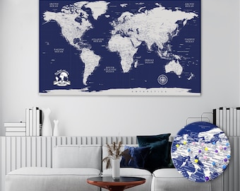 Navy Blue Push Pin World Map: Personalized Travel Canvas