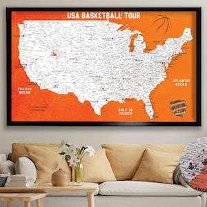 Basketball Push Pin USA Map - Personalized USA Travel Map - Detailed Map of United States - USA Map on Canvas - Gift For Dad