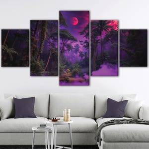 Lila Wald Leinwanddruck, 5 Panels leuchtender Himmel Wandkunst, Fantasy Kunst Poster, 3 Panels Wohnzimmer Dekor, Walddruck, Geschenk für Papa