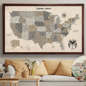 Vintage Push Pin USA Map - Personalized USA Travel Map - Detailed Map of United States - USA Map on Canvas - Gift For Dad