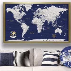 Blue & Gold Push World Map - Personalized World Travel Map - Detailed Map of The World - World Map on Canvas - Gift For Dad