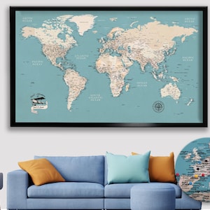 Turquoise Push Pin World Map - Personalized World Travel Map - Detailed Map of The World - World Map on Canvas - Gift For Dad