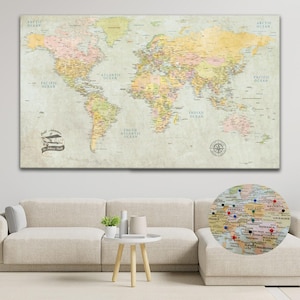 Personalized Push Pin World Map Canvas: Travel Tracker Gift