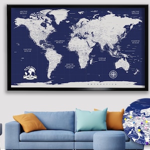 Navy Blue Push Pin World Map, Personalized World Travel Map, Detailed Map of The World Poster, Large Wall Map on Canvas, Gift For Dad