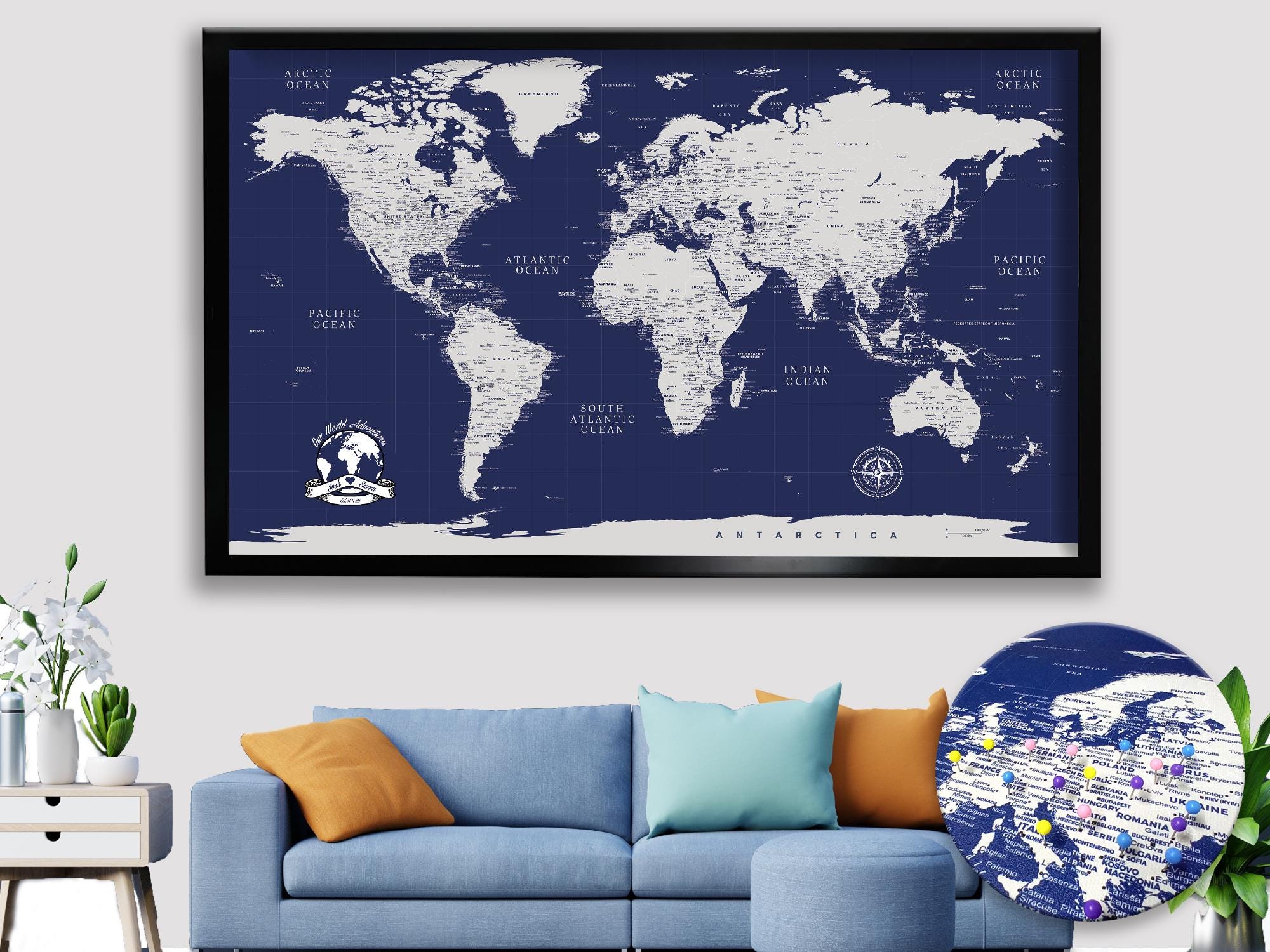 Navy Blue Push Pin World Map: Personalized Travel Canvas - Etsy