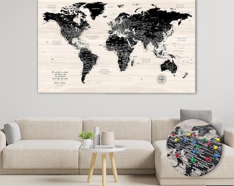 Personalized Wood Push Pin World Map: Detailed Travel Canvas