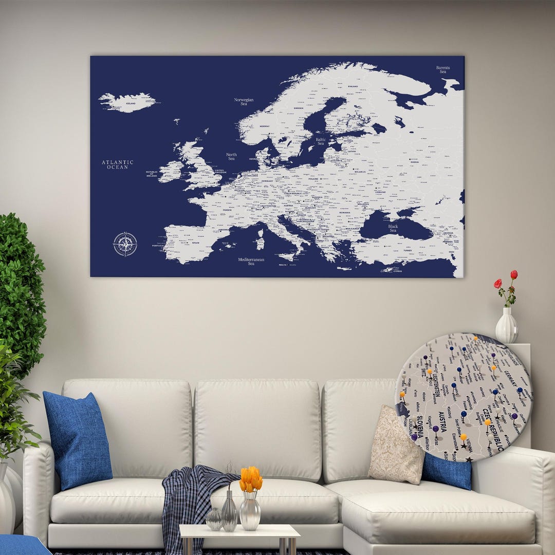 Navy Blue Europe Push Pin Travel Map: Personalized Canvas Art - Etsy