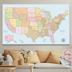 Personalized Push Pin USA Travel Map: Detailed Canvas United States Map