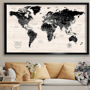 Modern Wood Push World Map - Personalized World Travel Map - Detailed Map of The World - World Map on Canvas - Gift For Dad