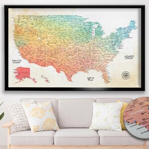 Watercolor Push Pin USA Map - Personalized USA Travel Map - Detailed Map of United States - USA Map on Canvas, Custom Wedding Gift