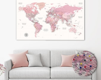 Pink Push Pin World Map: Personalized Travel Canvas