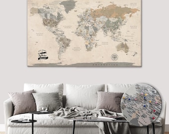 Personalized World Map with Pins: Vintage Housewarming Gift