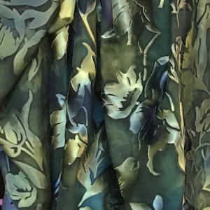 Hand Painted Silk Rayon Devore Fabric: Navy Indigo Olive Floral