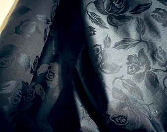 Navy Cotton Jacquard Fabric: Floral Rose Pattern;  Woven in Italy.