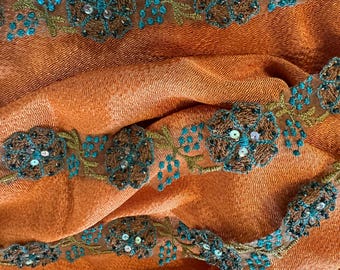 Vintage Embroidered Floral Trim: Turquoise, Pumpkin, Olive, Sequins, Beads
