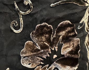 Devore’ in silk and rayon velvet floral;  hand dyed shades of chocolate, bronze and salmon on black silk chiffon.