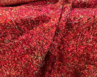 Christmas Red Silk Eyelash Yarn Fabric, Stitched Organza, Festive Apparel Accent