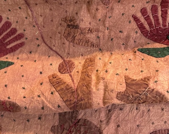 Cotton, embroidered and appliquéd in India in a shades of russet. Vintage.