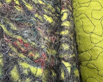 Merino wool with multicolored mohair and silk embroidered surface.  Apple green base fabric.