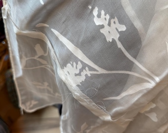 Shawl in bright white silk/rayon Devore’.  Widely spaced delicate floral pattern.