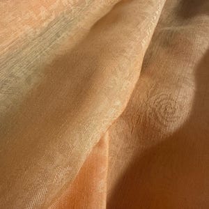 May include: Close-up of a peach-colored fabric with a subtle floral pattern. The fabric is draped, showing folds and textures. The material has a slight sheen, giving it a luxurious appearance. The overall aesthetic is soft and elegant.