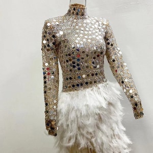 Handmade Sparkly Feather Sequin Dress, Mirror Bodysuit, Festival Outfit, Burner Outfit, Latin Dress, Silver Mirror Dress, Stage Costume zdjęcie 1