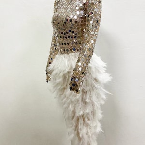 Handmade Sparkly Feather Sequin Dress, Mirror Bodysuit, Festival Outfit, Burner Outfit, Latin Dress, Silver Mirror Dress, Stage Costume image 2