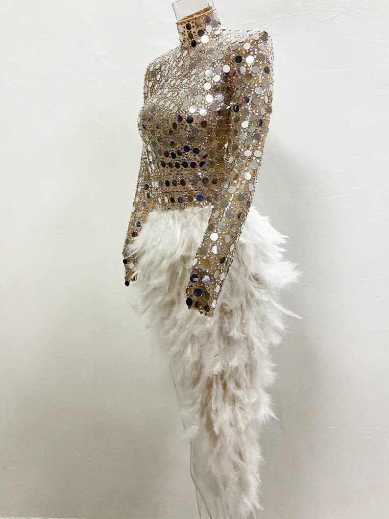 Handmade Sparkly Feather Sequin Dress, Mirror Bodysuit, Festival Outfit, Burner Outfit, Latin Dress, Silver Mirror Dress, Stage Costume zdjęcie 2