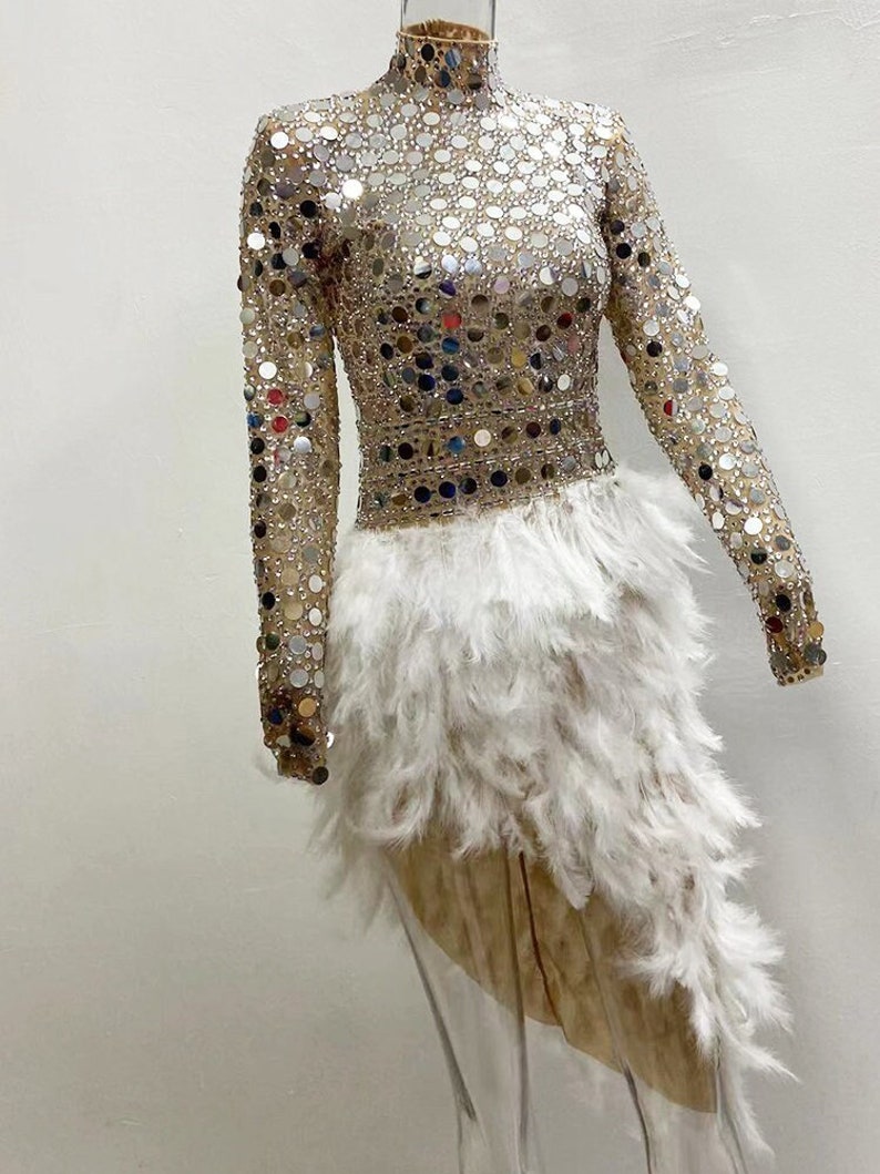 Handmade Sparkly Feather Sequin Dress, Mirror Bodysuit, Festival Outfit, Burner Outfit, Latin Dress, Silver Mirror Dress, Stage Costume zdjęcie 1