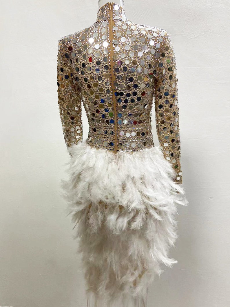 Handmade Sparkly Feather Sequin Dress, Mirror Bodysuit, Festival Outfit, Burner Outfit, Latin Dress, Silver Mirror Dress, Stage Costume zdjęcie 10