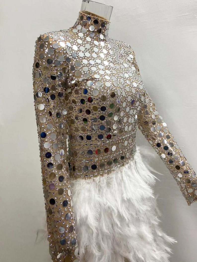 Handmade Sparkly Feather Sequin Dress, Mirror Bodysuit, Festival Outfit, Burner Outfit, Latin Dress, Silver Mirror Dress, Stage Costume zdjęcie 7