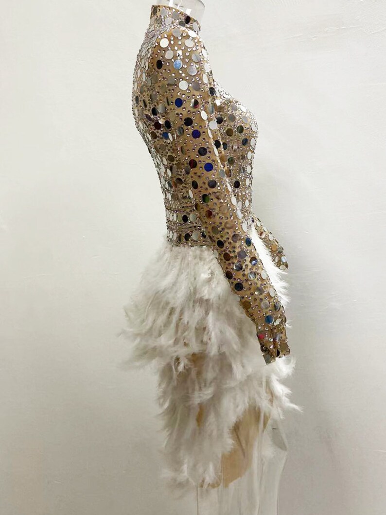 Handmade Sparkly Feather Sequin Dress, Mirror Bodysuit, Festival Outfit, Burner Outfit, Latin Dress, Silver Mirror Dress, Stage Costume zdjęcie 3