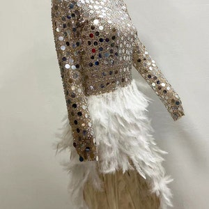 Handmade Sparkly Feather Sequin Dress, Mirror Bodysuit, Festival Outfit, Burner Outfit, Latin Dress, Silver Mirror Dress, Stage Costume zdjęcie 5