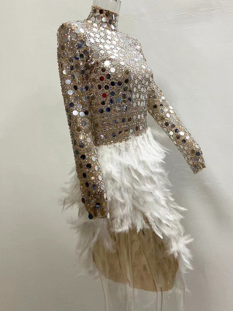 Handmade Sparkly Feather Sequin Dress, Mirror Bodysuit, Festival Outfit, Burner Outfit, Latin Dress, Silver Mirror Dress, Stage Costume zdjęcie 5