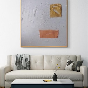 Pintura moderna abstracta texturizada original, arte minimalista, decoración de pared, de formas geométricas y tonos dorados y anaranjados.
