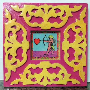Pink and Yellow Cupid Painted Scroll Frame