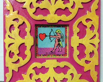 Pink and Yellow Cupid Painted Scroll Frame