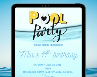 Pool Party Digital Invitation/Digital File/Editable on Canva/Birthday Party/Kids.