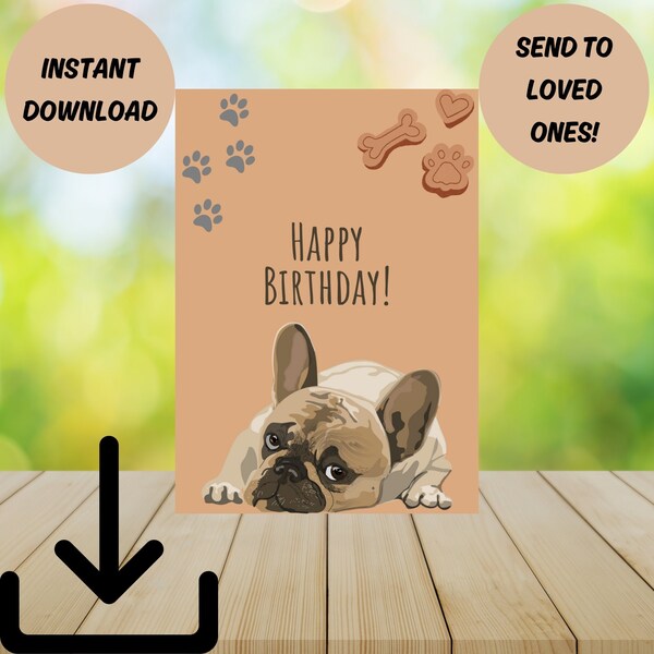 Printable Dog Birthday Card, Printable/Dogs, Dog-lover, Love, French Bulldogs, Love, 5 x 7in, Canva, and Digital