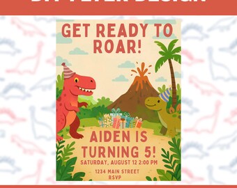 Kids Birthday Party Invitation, DIY Flyer Template Design, Boy Birthday Flyer, Dinosaur Party Flyer, Outdoor Play Party Invite Fun