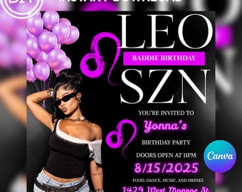 Leo Season Birthday Flyer, Leo Birthday Flyer, Birthday Girl Flyer, Birthday Event Celebration Flyer, Birthday Party Invite Canva Template