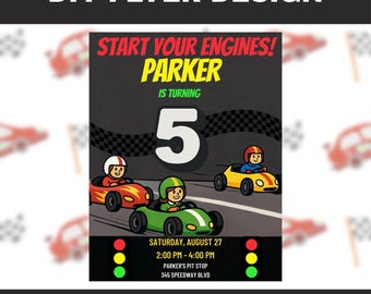 Kids Birthday Party Invitation, DIY Flyer Template Design, Boy Birthday Flyer, Race Car Party Flyer, Indoor Play Party Invite Fun
