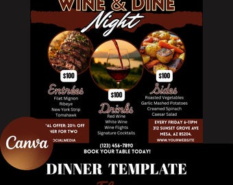 Wine & Dine Night Flyer Template | Restaurant Dinner Event Promo | Food Night Social Media Template | Editable Canva Design