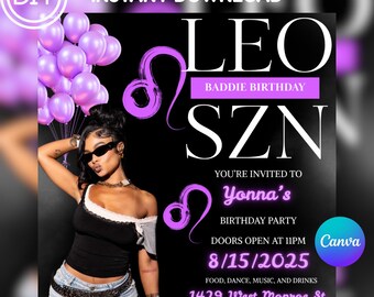 Leo Season Birthday Flyer, Leo Birthday Flyer, Birthday Girl Flyer, Birthday Event Celebration Flyer, Birthday Party Invite Canva Template