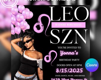 Leo Season Birthday Flyer, Leo Birthday Flyer, Birthday Girl Flyer, Birthday Event Celebration Flyer, Birthday Party Invite Canva Template