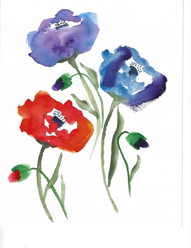 Puede incluir: Pintura de acuarela de tres flores, una roja, una azul y una morada. Las flores est&aacute;n pintadas en un estilo suelto y abstracto.