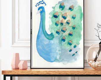 acuarela pájaro pavo real arte original no una impresión, firmado, 9 x 12 pulgadas hecho en tonos joya, con oro vibrante semi abstracto, no una descarga