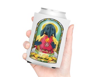 May include: A white can cooler with a stained glass design featuring a black creature with a long nose and a red heart with a flame. The text "Saint Neel" is at the bottom of the design.